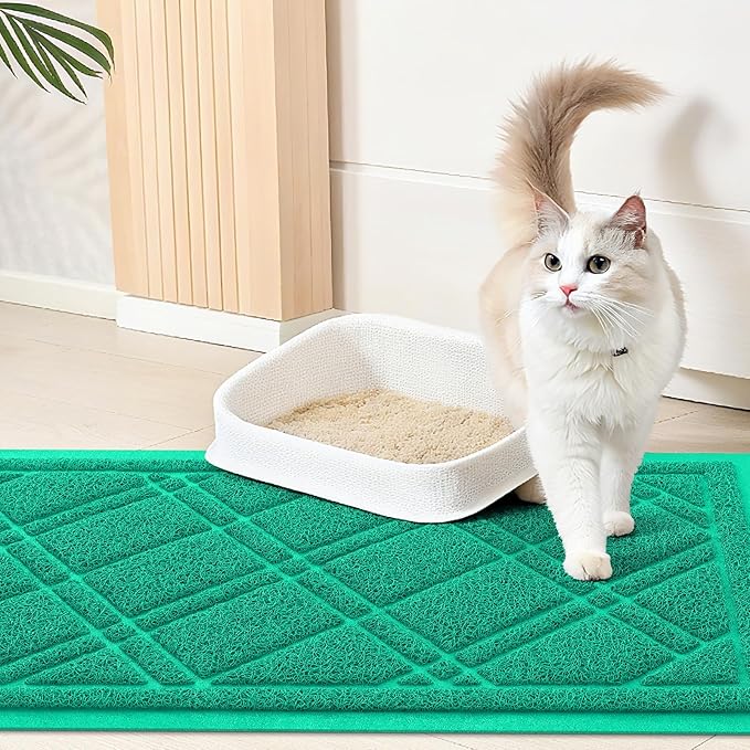Smiry Cat Litter Box Mat 47x32, Non-Slip Water Resistant Litter Trapping Mat, Easy Clean Less Waste and Urine-Locking Cat Carpet for Indoor, Green
