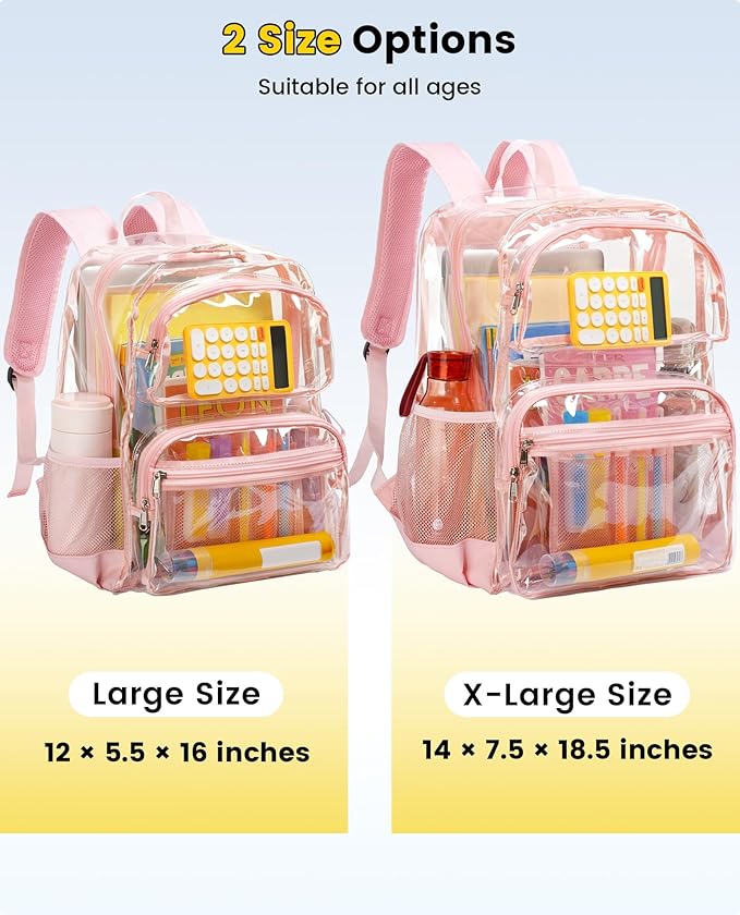 Vorspack Clear Backpack for School - Heavy Duty See Through Bookbag for Girls Boys Extra Large Transparent Backpacks for Work, Travel - Pink