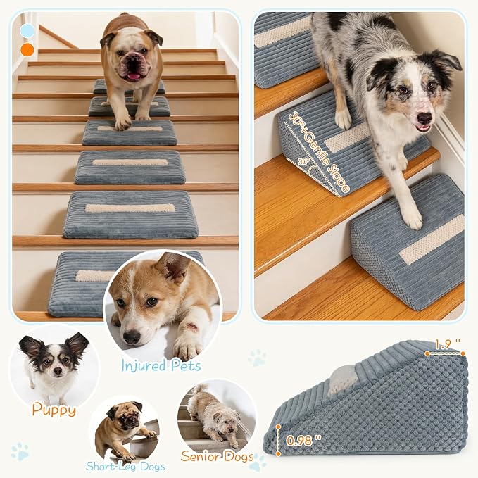Foam Dog Ramp for Stairs, Low-Impact Climbing Dog Stairs for Senior Dogs | 5.1"H, 3 Pack, 40D High-Density Foam Won't Collapse, Protects Joints, Anti-Slip & Self-Sticky Pads, Washable Cover, Grey