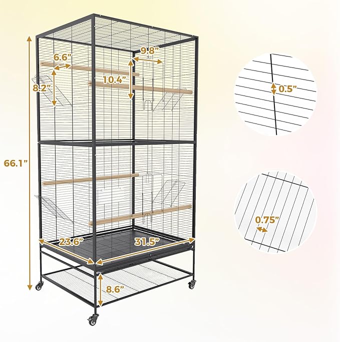 Garvee 66in Extra Large Bird Cage, Rolling Parrot Cage with Feeding Accessories, Metal Parakeet Cage for Parrots, Parakeets, Conures, Parrot