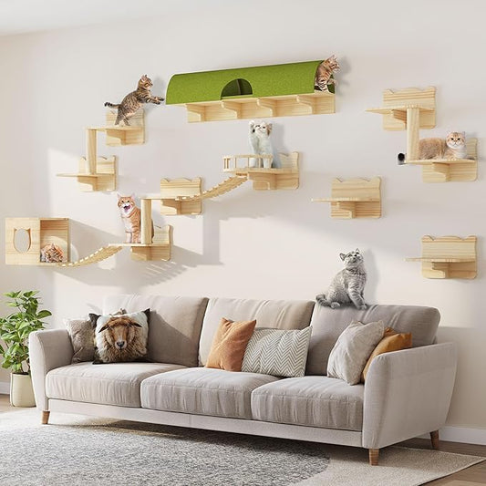 16-in-1 Cat Wall Shelves, Multi-Level Solid Wood Cat Furniture for Wall, Floating Cats Wall Shelves Set, Cat Climbing Wall Systems with Scratching Post & Tunnel, Floor Space-Saving, Burlywood