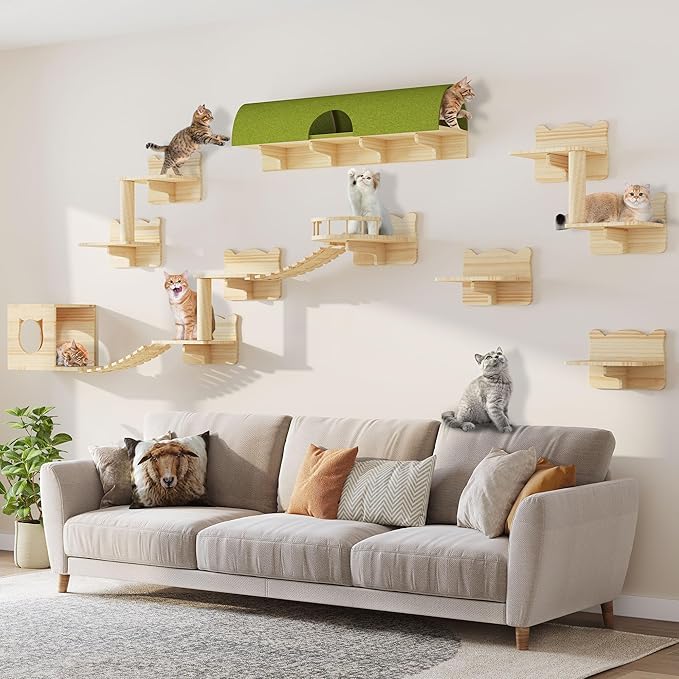 Cat Shelves for Wall, 16-in-1 Solid Wood Wall Mounted Cat Wall Shelves with Tunnel, Scratching Post, Steps & Bridge Ladder, Multi-Level Cat Climbing System, Space Saving, Floating Cat Shelves