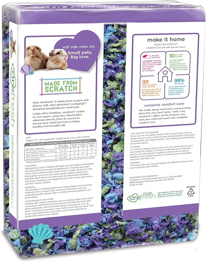 Carefresh 99% Dust-Free Sea Glass Natural Paper Small Pet Bedding with Superior 10 Day Odor Control & Absorption, for Guinea Pigs, Hamsters, Rabbits, & Rats, 50 L