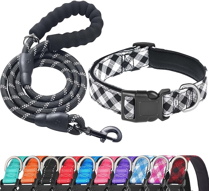 Ladoogo Reflective Dog Collar Padded with Soft Neoprene Breathable Adjustable Nylon Dog Collars for Small Medium Large Dogs (X-Small (Pack of 1), Black Plaid Collar+Leash)