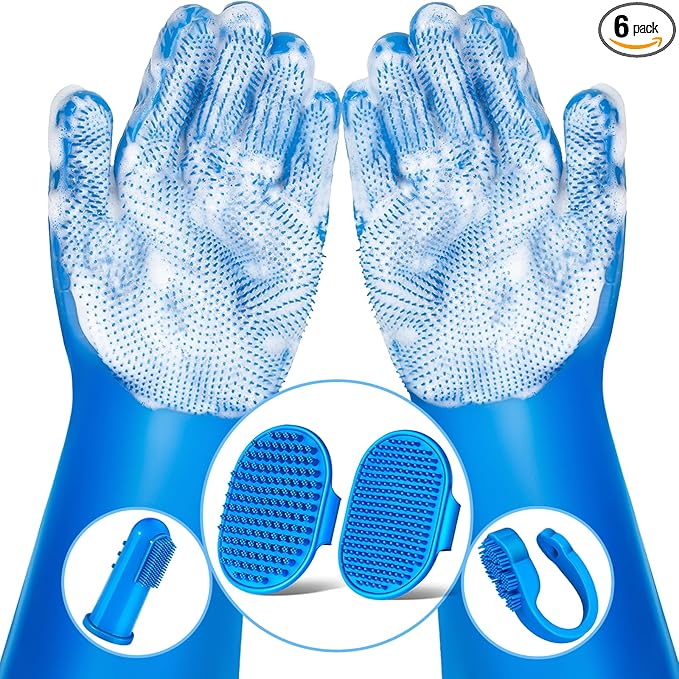 Augwind 6PCS Pet Grooming Kit for Dogs, Cats and Horses | Dog Washing Gloves | Cleanroom Gloves | Dog Bath Brush | Dog Bath Gloves | Dog Shampoo Brush | Dog Bath Supplies (Navy Blue)