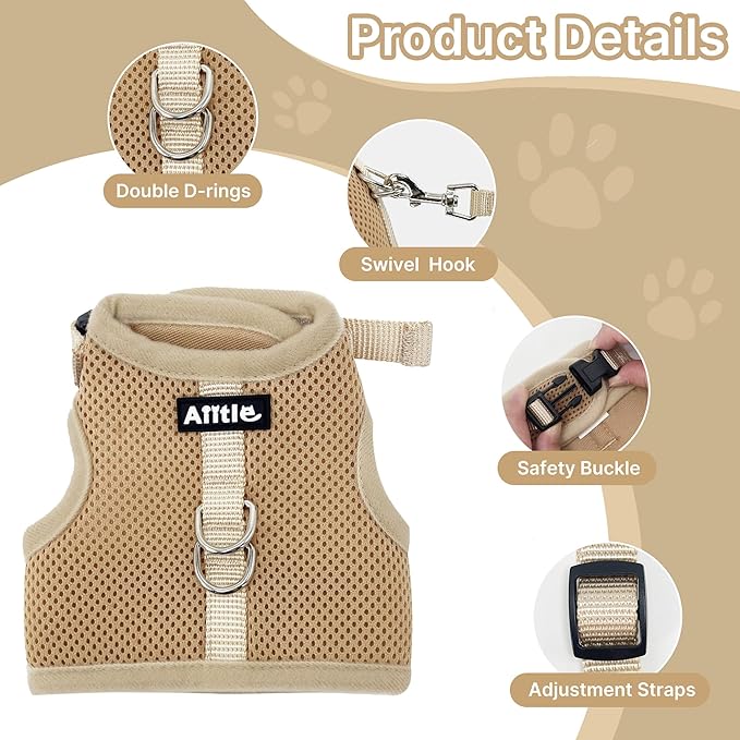 AIITLE Adjustable Rabbit and Leash Set - Lightweight & Portable, Padded Vest with Magic Tape Design, Indoor/Outdoor Use (Training, Hiking) - Fits Hamsters, Rats, Iguanas, Puppies, Cats, Khaki M