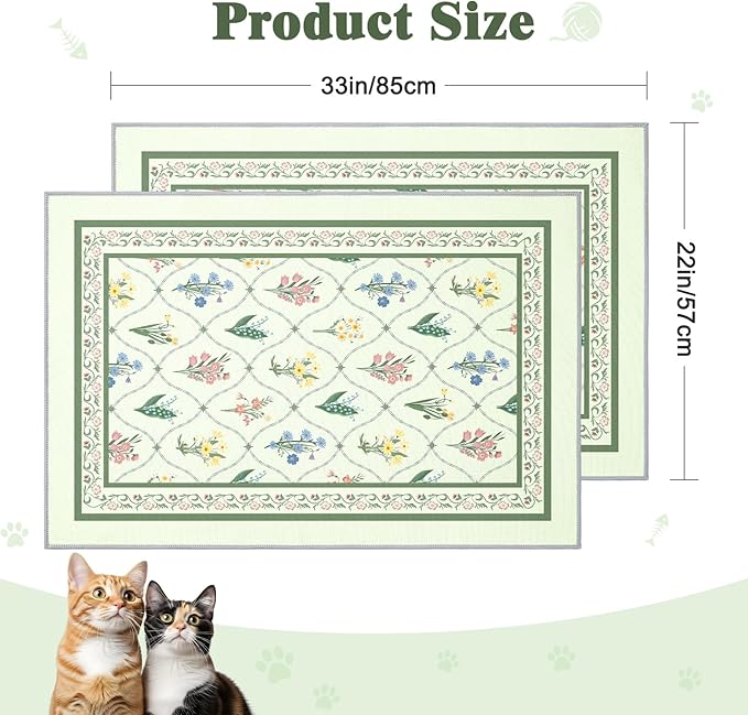 Bienbee Cat Litter Mat, 2PCS 33"x22" Machine Washable Litters Box Mats Non-Slip &Waterproof Cat Litters Trapping Mats Easy to Clean Mat for Litter Box Less Waste Protects Floors Bean Green Branch L