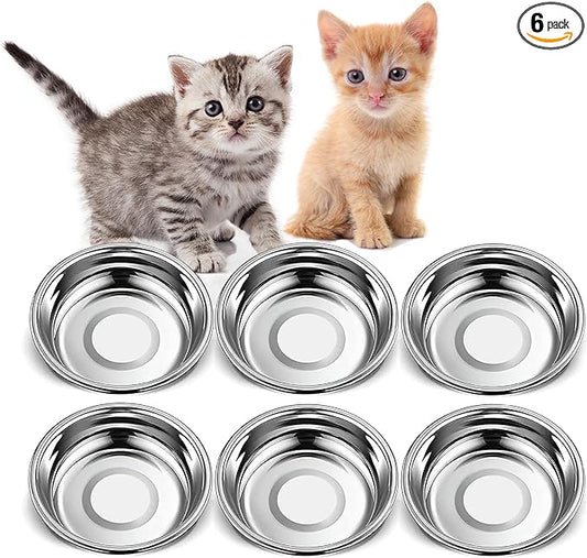 6 PCS Thickened Stainless Steel Cat Bowls, 5.5 Inch Shallow Wide Flat Metal Kitten Food Bowls, Whisker Friendly Fatigue Relief Replacement Basic Pet Dishes for Indoor Cats