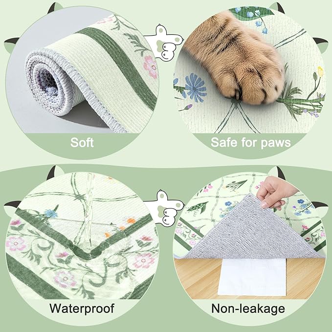 Bienbee Cat Litter Mat, 2PCS 33"x22" Machine Washable Litters Box Mats Non-Slip &Waterproof Cat Litters Trapping Mats Easy to Clean Mat for Litter Box Less Waste Protects Floors Bean Green Branch L