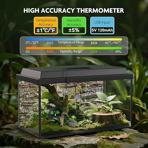 PAIZOO LED Rechargeable Reptile Thermometer Hygrometer, Always-on Display | Temperature Accuracy ±0.1℉, Long Battery Life, Switch Between ℉/℃, Reptile Tank Thermometer with 59.05" Type-c Charging Cable