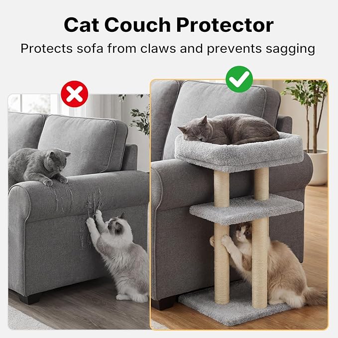 Veehoo Couch Corner Protector for Cats, Couch Corner Cat Scratcher with Tall Cats Bed, Cat Window Perch with Climbing Posts, Size S Fits 23"–24" High Sofa Armrest