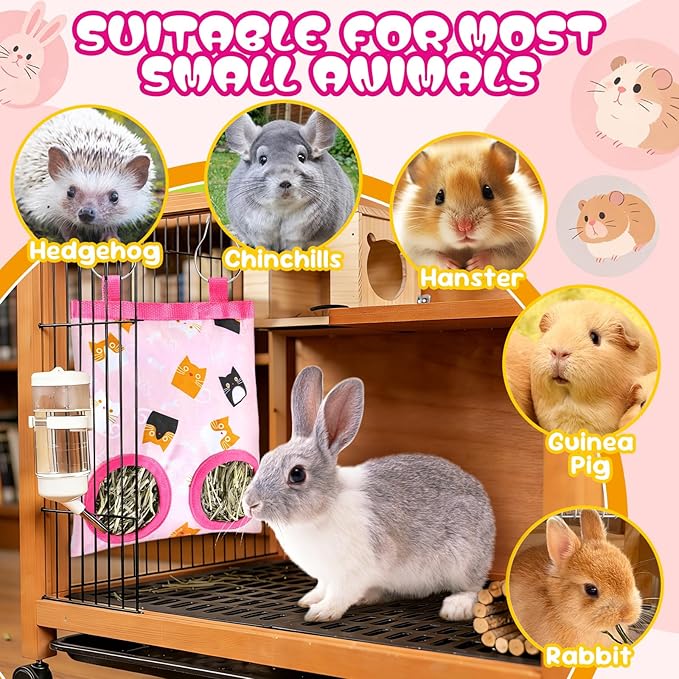 2 Pack Rabbits Hay Feeder Bag, 2 Holes Hanging Bunny Hay Feeder Guinea Pig Feeding Bag Storage Dispenser for Bunny Rabbits Chinchillas Hamsters Small Pets and Animals