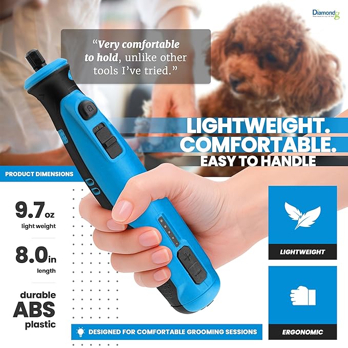 Diamondg Cordless Dog Nail Grinder with Quiet Sound & LED Tip for Large & Small Dogs, 4hrs. Runtime - Electric Dog Nail Trimmer, Heavy Duty Rotary Tool Alternative to Toenail Clippers & Filers