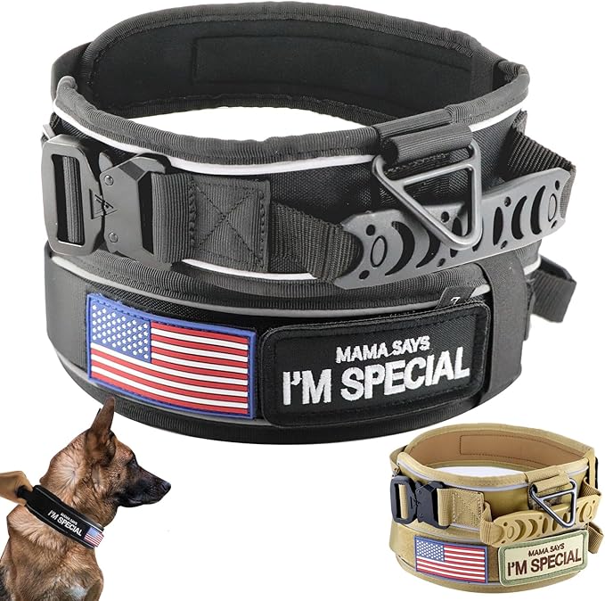 2.5" Tactical Dog Collar for Large Dogs, Adjustable Heavy Duty Military Nylon Dog Collar with Reflective Stitching & Padded Handle for Hiking/Running/Training (Black, L,XL)