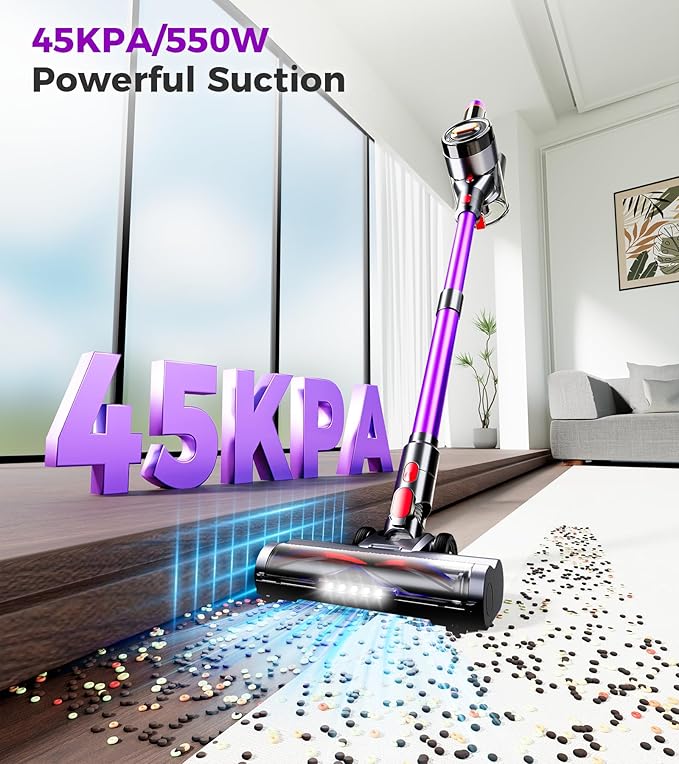 Cordless Vacuum Cleaner, Upgraded 550W 45KPA 60Mins Vacuum Cleaners for Home,Stick Vacuum Cordless with LED Display, Self-Standing & Anti-Tangle, 8-in-1 Wireless Vacuum for Carpet Pet Hair Hardfloor