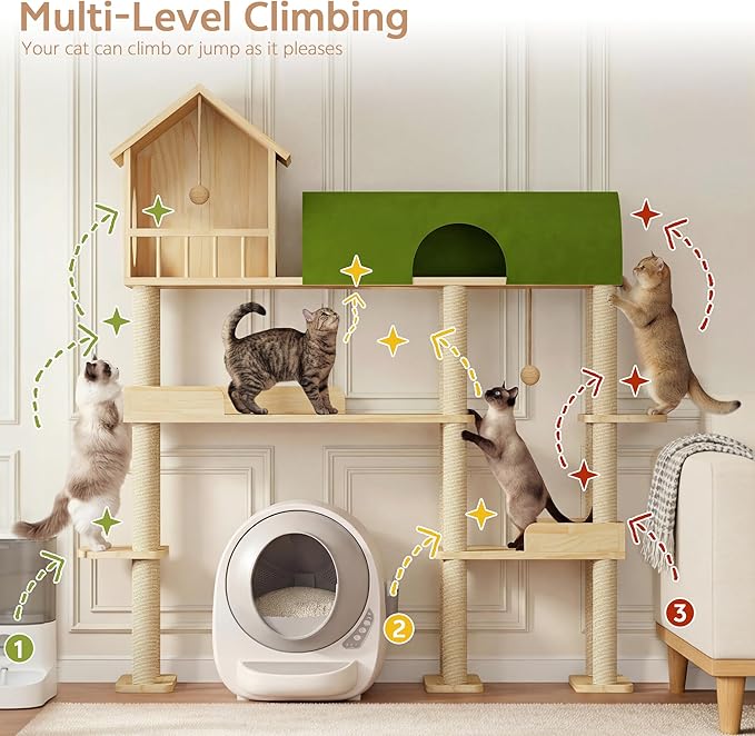Cat Tree for Automatic Litter Box, 60Inch Large Cat Tower for Heavy Cats up to 22lbs, Solid Wood Cat Shelf with Condo, Space-Saving for Indoor Multi-Pet Households, Stops Furniture Scratching