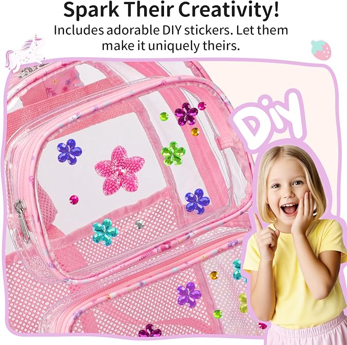 Clear Backpack for Girls, 15 Inch Heavy Duty Transparent Bookbag for Kindergarten to 2nd Grade, PVC See Through Daypack with Reflective Straps, Fits Standard Folders, Pink Unicorn