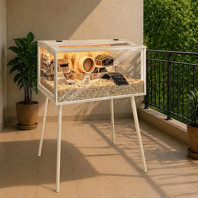 PROLEE Hamster Cage Wooden Chew Proof, Extra Large Mice and Rat Habitat Openable Top with Acrylic Sheets Solid Built Small Animal Cage with Leg Stands, 32 Inch Long