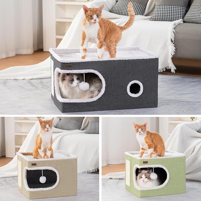 Garnpet Cat Bed for Indoor Cats Cube House, Covered Cat Cave Beds & Furniture with Scratch Pad and Hideaway Tent, Cute Modern Cat Condo for Multi Small Pet Large Kitten Kitty, Khaki