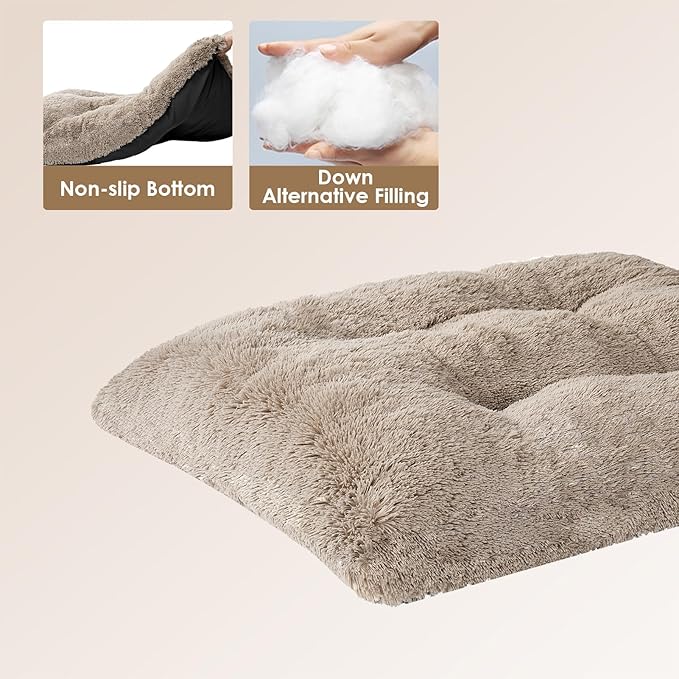 EHEYCIGA Fluffy XXL Dog Crate Pad, Plush Faux Fur Dog Bed for Extra Large Dogs, Calming Anti Anxiety XXL Bed, Washable Soft Warm Crate Mat with Non-Slip Bottom, Taupe