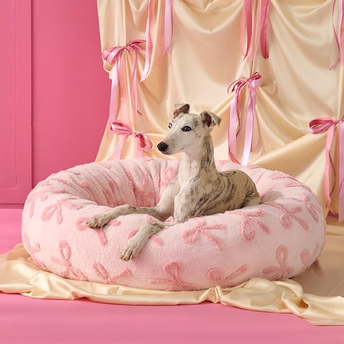 LE SURE Shown on TV Donut Dog Bed Extra Large Size Dog - Round Pet Beds for Calming Puppy with Washable Cover, Orthopedic Modern Beds with Jacquard Shaggy Plush & Anti Slip Bottom, 42 Inch，Pink Taffy