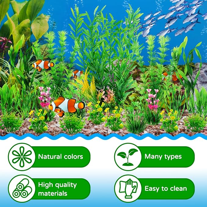QUOZUO Fish Tank Plants, 20pcs Aquarium Decor Green Plants Artificial Aquarium Decorations Plant, Fish Tank Accessories for Household and Office Aquarium Simulation, Small to Large