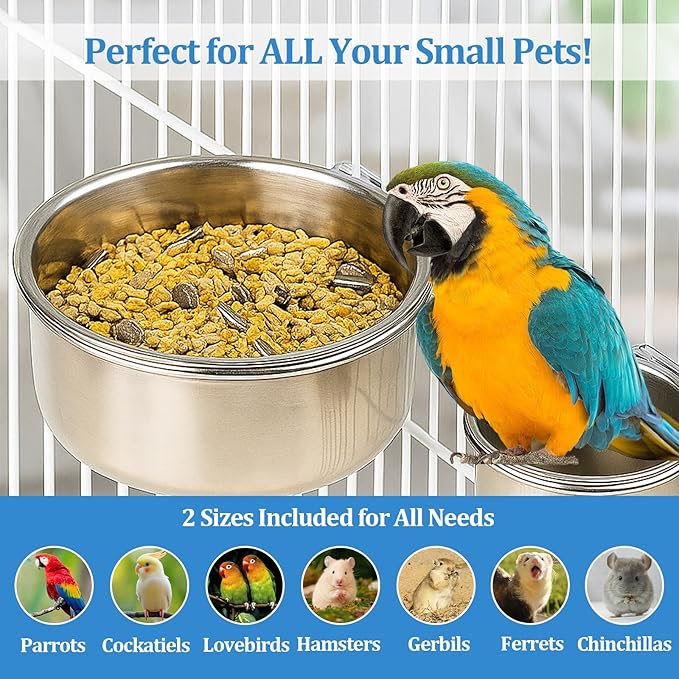 2 Pack Stainless Steel Bird Food Bowl Small Bird Feeding Dish Cups for Cage Parrot Food Bowl Cage with Clamp Holder for Parrots, Cockatiels, Small Animals (M+L)