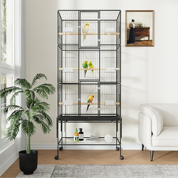 GarveeHome 69 Inch Large Bird Cage, Bird Cage with Rolling Storage Stands, Feed Bowls, Wide Tall Parrot Cage for Parakeets, Conures, Cockatiel, Cockatoo