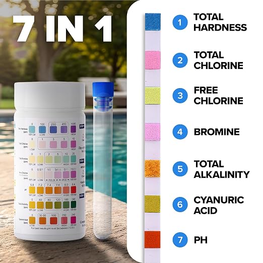 150 Pool Test Strips for Inground Pool // 7-in-1 Pool Water Test Strips | Full Pool Chemical Test Kit: Chlorine, pH Strips & 5 More // Pool Strips Ideal for Above Ground Pool, Hot Tub & Spa