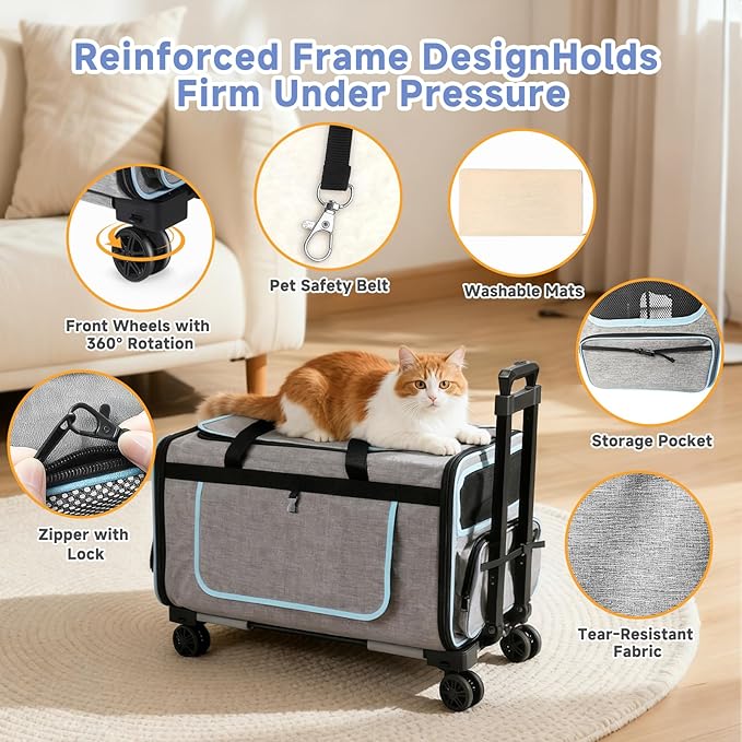 Pet Carrier with Wheels for Cats and Dogs, Pet Bag with Detachable Wheels & Washable Plush Pad, Escape-Proof Zipper & Shoulder Strap, Portable Carrier for Outdoor and Car Travel(Max. 40 lbs)