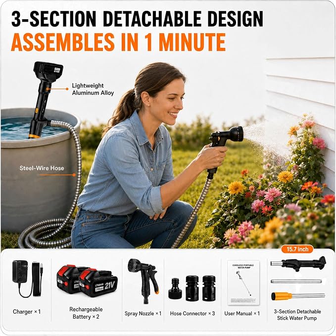 Cordless Stick Water Transfer Pump 770 GPH with 2x4.0Ah Batteries | 32FT Lift, 11.5FT Hose, 8-Mode Nozzle, Portable Submersible Utility Pump for Pool Hot Tub Basement Rain Barrel
