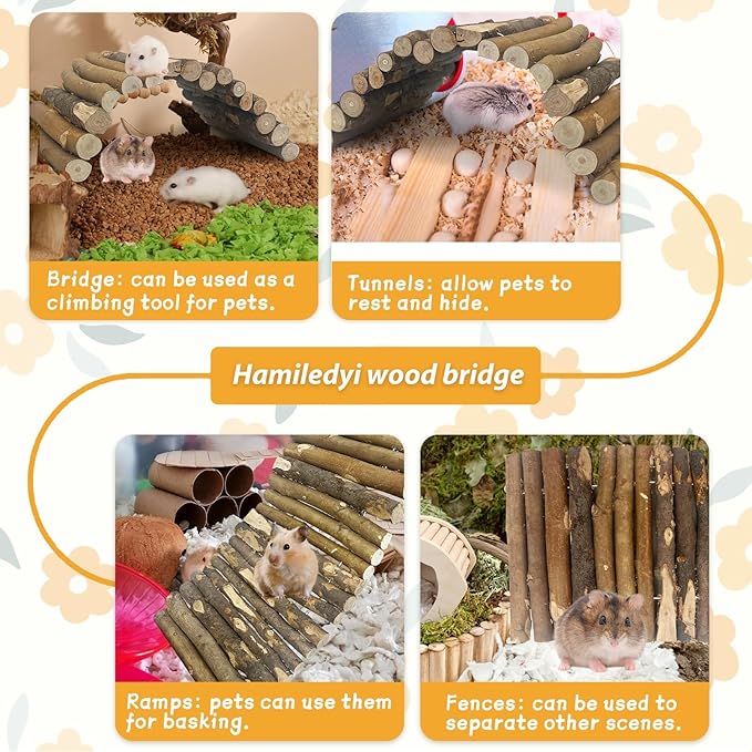Hamiledyi Wooden Hamster Bridge Ladder 13.4" L x 7.5" W Large Climbing Toy Natural Hideout Tunnel Ramp Hamster Cage Accessories for Rabbits Guinea Pigs Ferret Tortoise Reptile (Pack of 2)