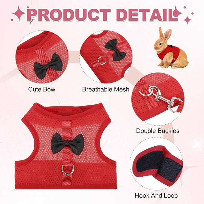 Rabbit Harness and Leash, Small Pet Cute Vest Harness Leash Soft Adjustable Buckle Breathable Mesh (L, Red) for Bunny Kitten Small Pig Puppies Camping Hiking Training