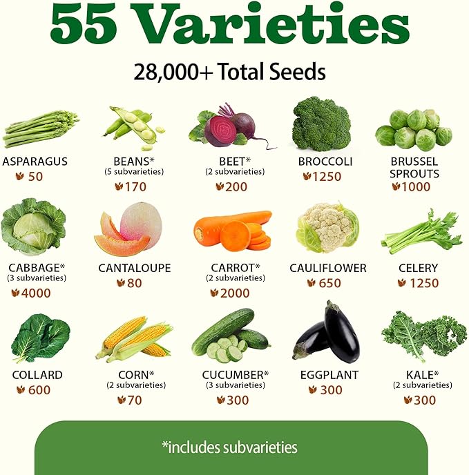 HOME GROWN 55 Variety Survival Seed Vault 28,000+ Heirloom Non-GMO Vegetable Seeds for Planting, High Germination, Emergency Food Supply,Year-Round Garden Starter Kit,Gift for Gardeners (55 Varieties)