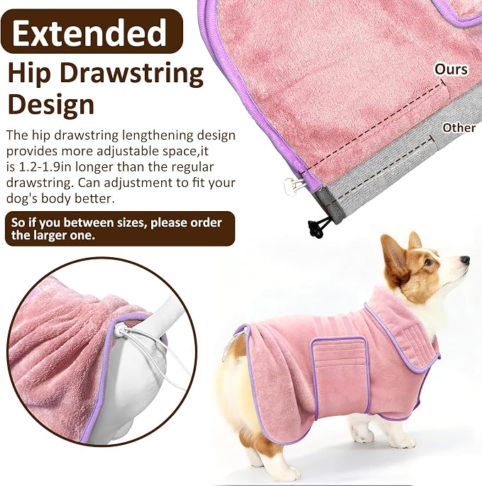 Soft Dog Bathrobe Fast Drying Dog Coat, Super Absorbent Dog Towels for After Bath, Microfiber Pet Robe Adjustable Collar & Belly Warm Keeping Dogs Coat for Pet Dogs & Cats (Pink, Medium)