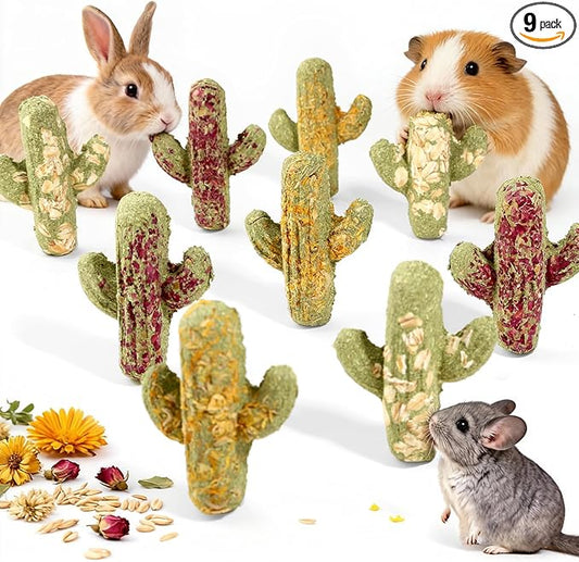 Abizoo Rabbit Chew Toys Natural Timothy Hay Oat Bunny Treats Snack Bunny Chew Sticks 9 Pcs Compressed Cactus Bunnies Enrichment Toys for Rabbit Guinea Pig Hamster Chinchilla Gerbil Dental Care