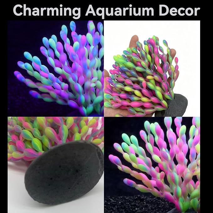 ZtohPyo Glow in the Dark Aquarium Decor, Safe Soft Silicone Fluorescent Fish Tank Decorations Artificial Sea Grapes for Fish Tank Landscape Decoration, 7.09" D x 4.72" H