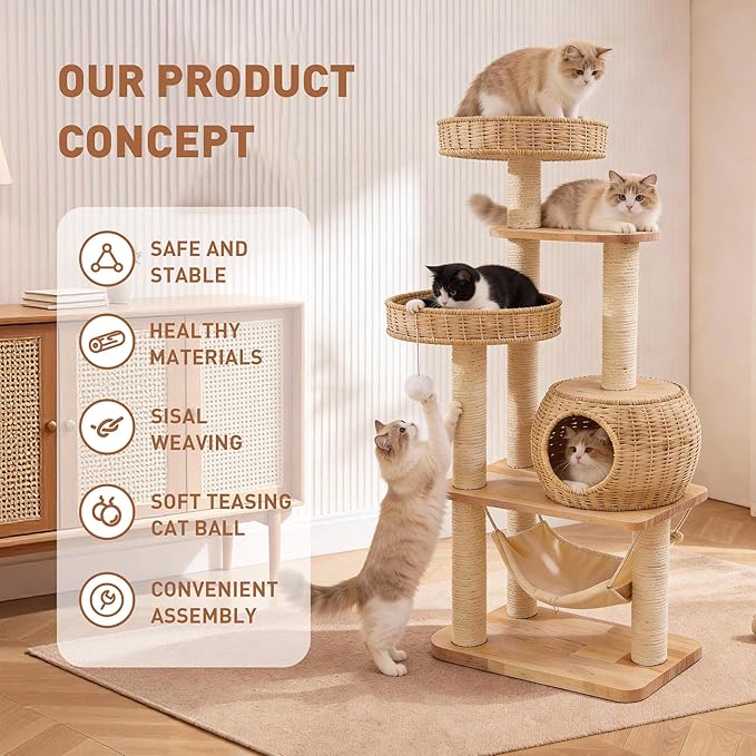 55" Wood Cat Tree for Indoor Cats Large Adult,Tall Cat Tower with Scratching Post and Cozy Hammock for Large Cat,Multi-Level Modern Cat Condo with Hand-Woven,Easy to Assemble and Clean