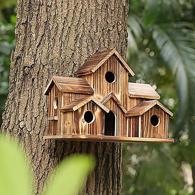 6 Hole Handmade Bird House, Bird Houses for Outside, Hummingbird House, Hanging Nest Box for Birds, Outdoor Wooden Birdhouses for Outside, Backyard, Garden, Patio, Nature Lovers Gift (1pcs)