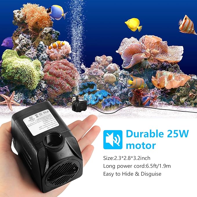 CWKJ Fountain Pump, 400GPH Submersible , Durable 25W Outdoor Water Pump with 6.5ft Power Cord, 3 Nozzles for Aquarium, Pond, Fish Tank, Water Pump Hydroponics, Backyard Fountain