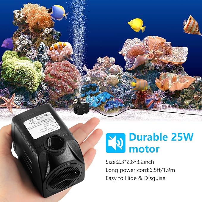 CWKJ Fountain Pump, 400GPH(25W 1500L/H) Submersible Water Durable Outdoor Pump with 6.5ft Tubing (ID x 1/2-Inch), 3 Nozzles for Aquarium, Pond, Fish Tank, Hydroponics