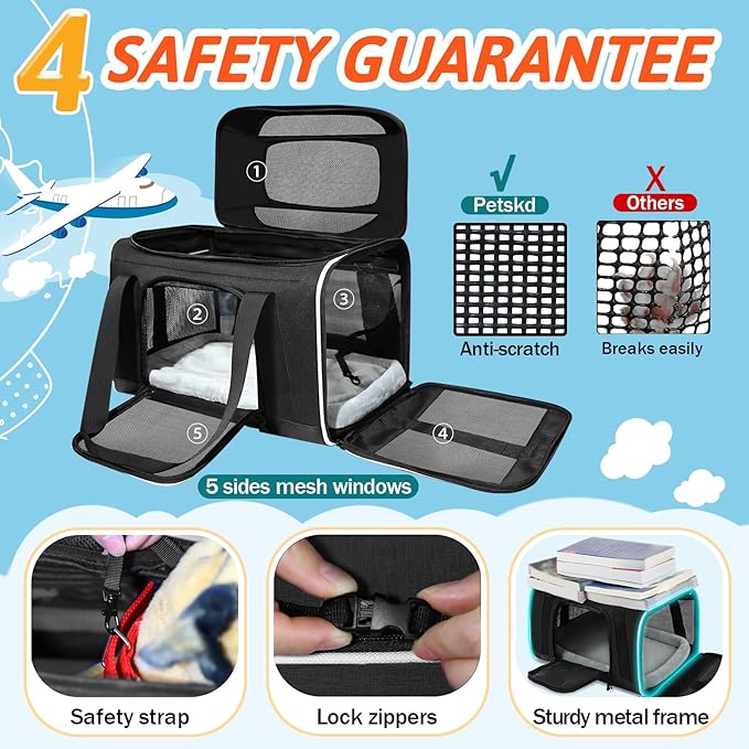 Petskd Top-Expandable Small Pet Carrier with Wheels (17" L x 11" W x 9.5" H), Alaska Airlines Approved, Rolling Pet Carrier for Small Dogs & Cats (Black)