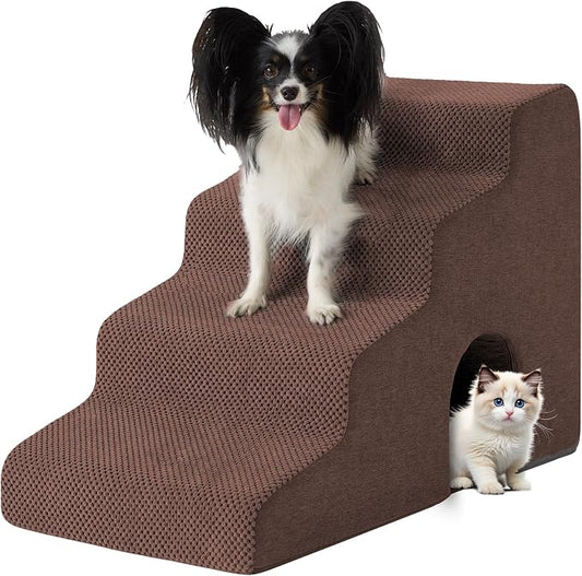 Dog Stairs for Bed 19.5’’ H, 4-Step Dog Steps for High Bed, Pet Stairs for Small Dogs and Cats to Get on Beds, Couch, Non-Slip Balanced Pet Steps and Ramp with Waterproof Cover and Tunnel, Brown