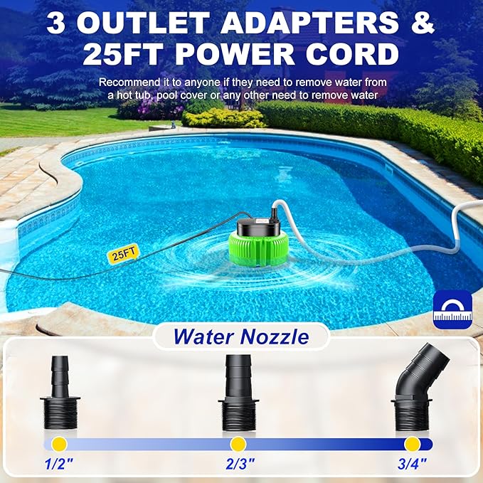 Pool Cover Pump above Ground-Submersible Sump Pump Swimming Water Removal Pumps, Sump Pumps for Pool Draining with 16ft Drainage Hose & 25 ft Extra Long Power Cord,850 GPH,3 Adapters-Green