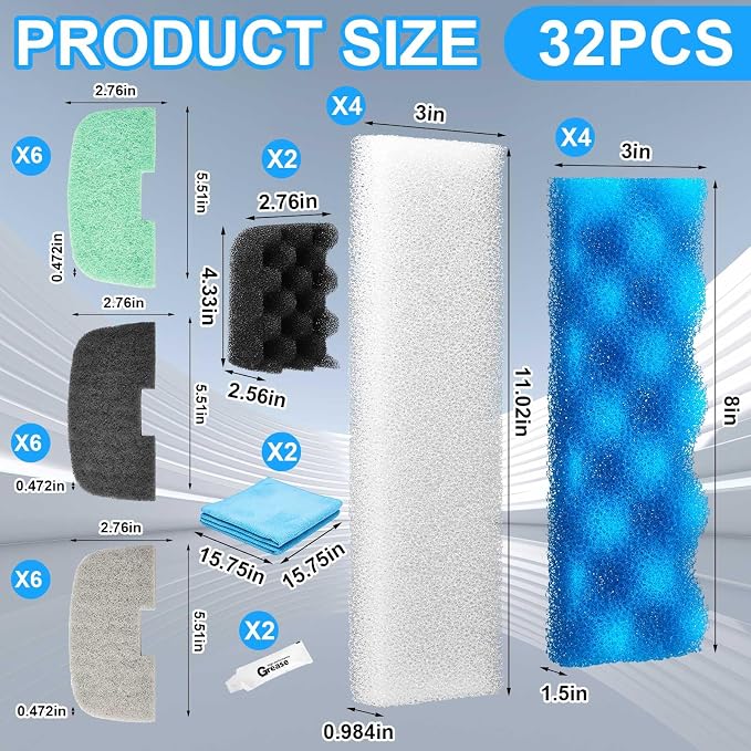 Threlaco 32 Pcs Aquarium Replacement Maintenance Kit Compatible with Fluval 206/207 Filter Media Including Biological Sponge, Ammonia/Phosphate/Nitrite Remover Pad, Aquarium Towel, Grease