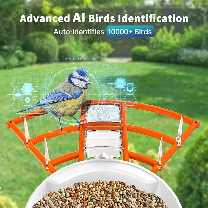 Smart Bird Feeder with Camera Solar Powered & AI Bi rd Identification, 2.4Ghz WiFi Bird feeders for Outdoors, 2K Live Video, Instant Arrival Alerts - Orange