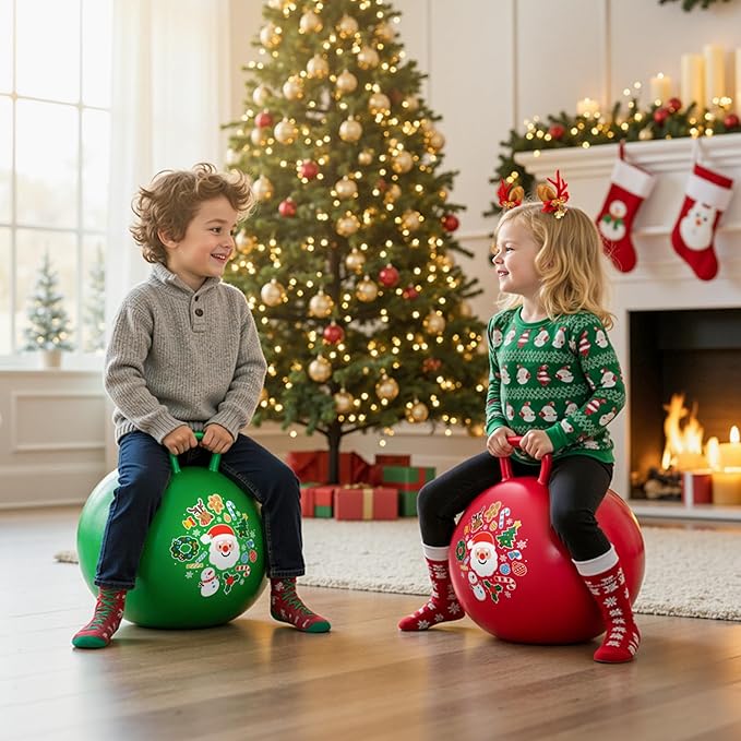 2-Pack Hopper Ball for Kids 18In Sit On Bouncy Ball with Handle with Christmas Reindeer Ears, The Top Green & Red Christmas Boys Girls Gifts for 4 5 6 7 8 Yr Old Indoor Outdoor Active Play