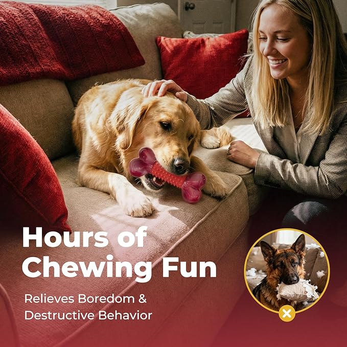 Apasiri 4-Pack Tough Dog Toys for Aggressive Chewers: Beef Flavored Long Lasting Dog Bones for Large Dogs, Heavy Duty Nylon & Rubber Dog Chew Toys to Keep Them Busy, Medium & Large Breed, Red