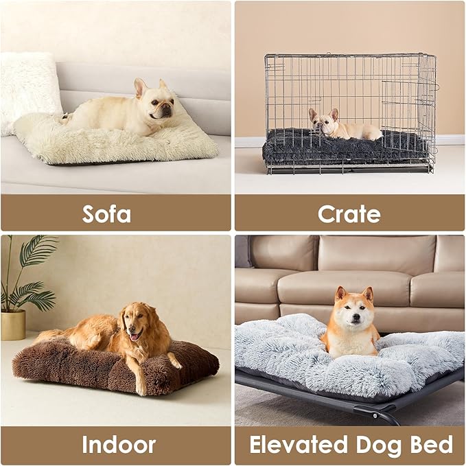 EHEYCIGA Fluffy Dog Crate Bed for Extra Large Dogs, Plush Faux Fur Crate Pad, Calming Anti Anxiety XL Dog Bed, Washable Soft Warm Mat with Non-Slip Bottom, Coffee