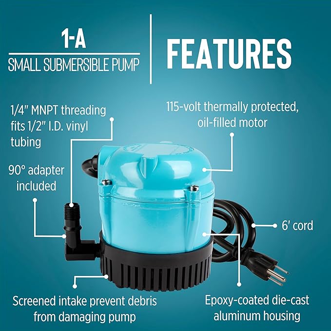 Little Giant 1-A 115 Volt, 1/200 HP, 170 GPH Small Submersible Permanently Oiled Pump for Fountain, Water Displays and Air Conditioners, 6-Foot Cord, Blue, 500203
